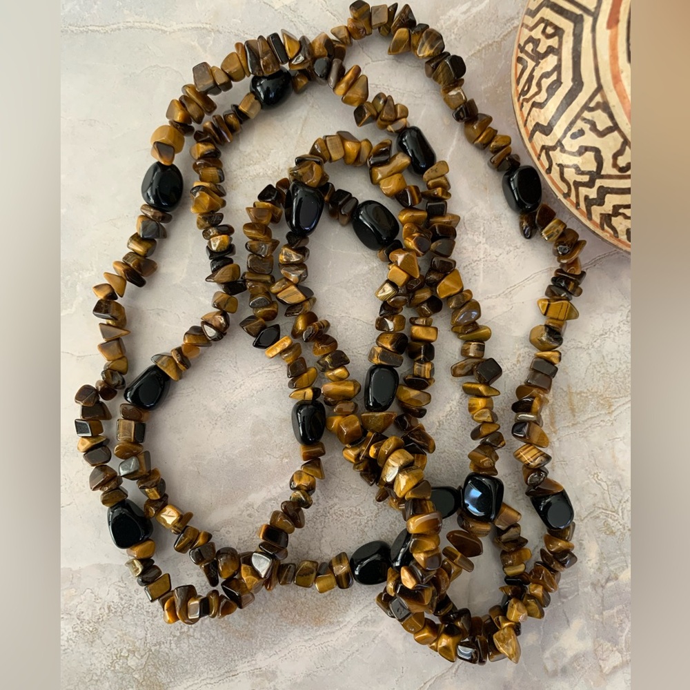 Tiger's Eye and Black Onyx Long Beaded Necklace